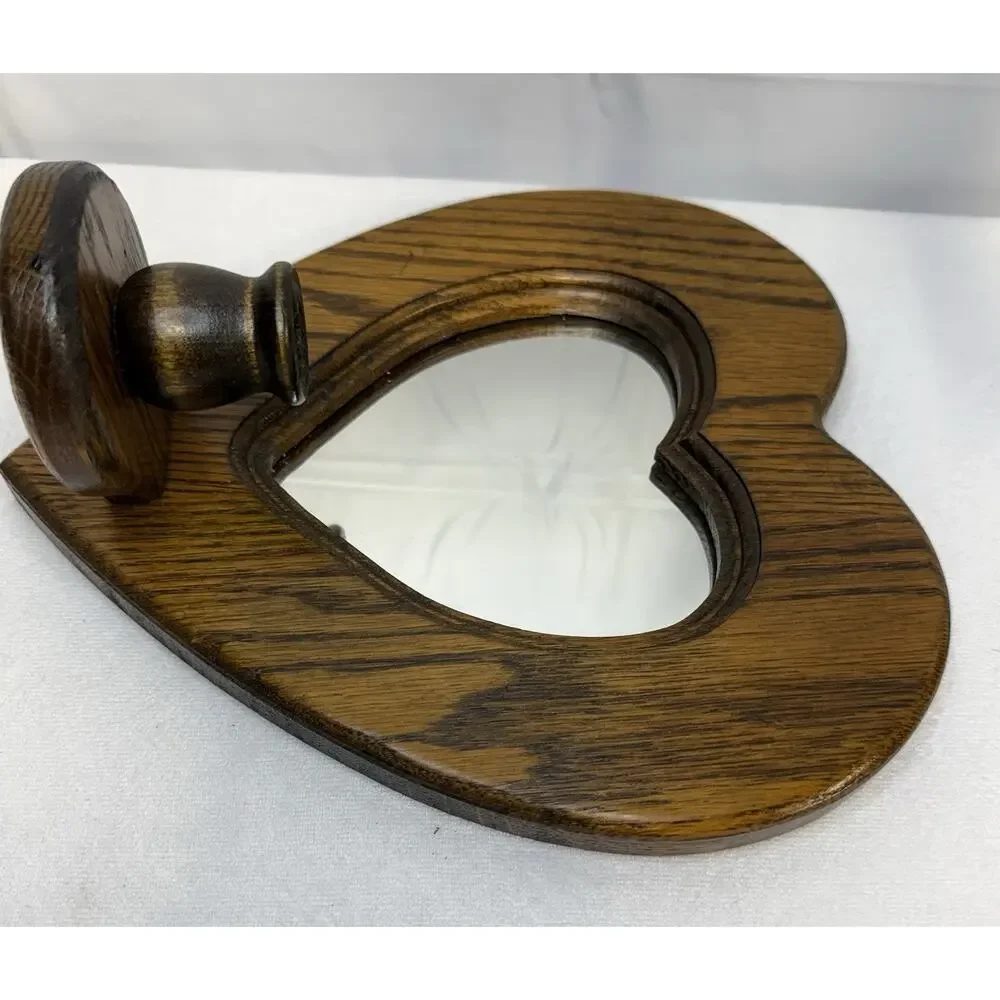 VTG Solid Oak Heart Wall Sconce Wooden Mirror Cottagecore Grannycore Candle